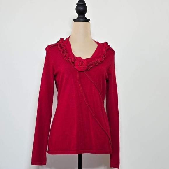 Tribal Sweaters - Tribal Long Sleeve Ruffle Trim V-Neck Sweater – Red – Size M